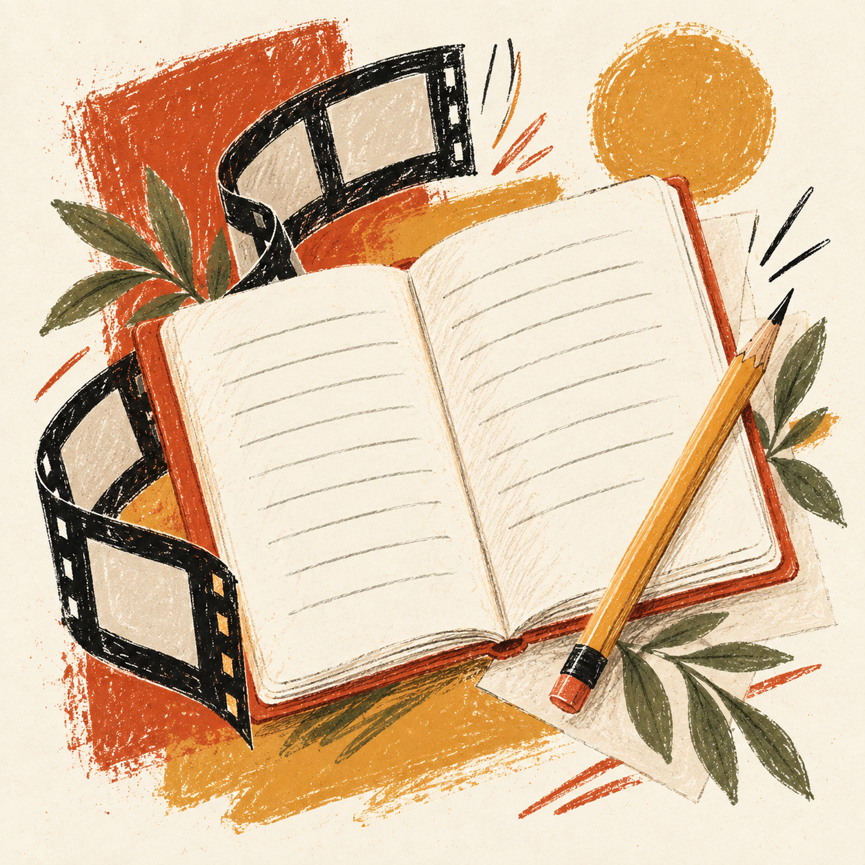 Illustration crayonnée : un carnet ouvert, un crayon, une bande de film et des feuilles d’olivier sur des touches terre cuite et ocre.