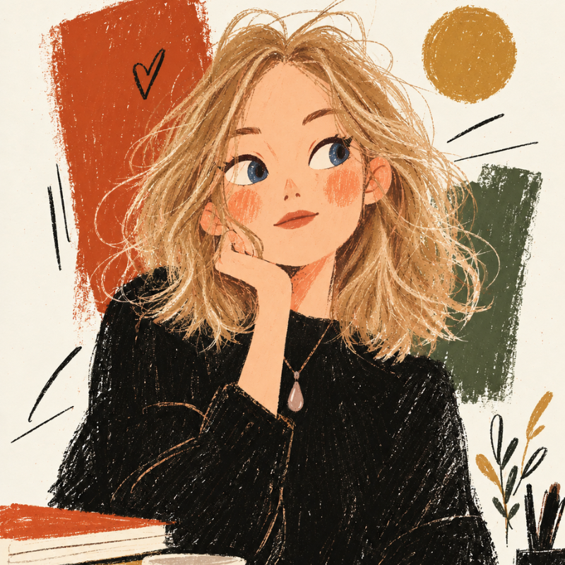 Portrait illustré d’Audrey Murad : une femme aux cheveux blonds ondulés, pull noir, le menton posé sur la main, devant des aplats terre cuite, olive et ocre.